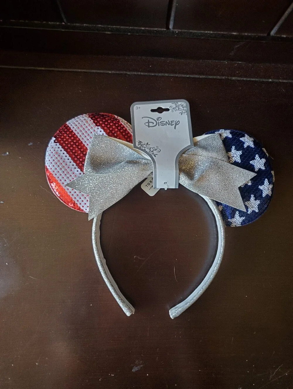 Disney Patriotic Sequin Minnie Ear Headband with Silver Bow